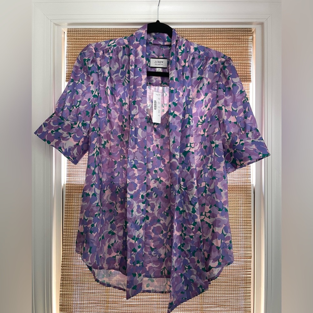 J Crew Collection Pink Purple Lilac Ratti Floral tie bow neck Blouse size M NWT - Picture 2 of 7
